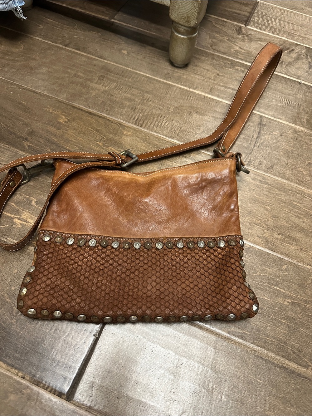 Women’s Tan Leather Crossbody Bag with Studded Woven Panel